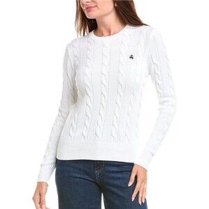 Brooks Brothers Women's Cable Knit Sweater White Crew Neck Cotton Logo Medium